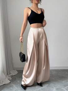 Chiquease 女士优雅法式宽松裤，休闲金属色，柔软百搭百褶裤，适合狂欢节、复活节、情人节、约会、夏季 - 金色 - 查看 5