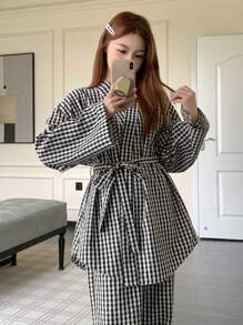 DAZY Conjunto de top de cuello de chaqueta de tartán y pantalones de pijama rectos holgados