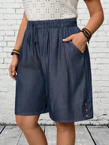 EMERY ROSE 大码女式纯色抽绳腰部口袋休闲短裤春季女式度假乡村服装