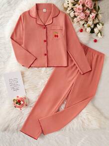 Tween Girls Pajama Set, Burgundy Cherry Embroidered Comfortable Loose Fit Long Sleeve And Long Pants, 2 Pieces Loungewear