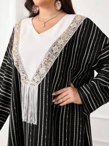 Al Najma Plus Size Women Patchwork Fringe Striped Casual Arabic Style Dress Kaftan Jalabiya Dress - Multicolor - View 5