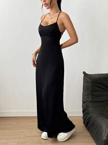 SHEIN Unity Abito casual lungo senza maniche e con spalline incrociate sulla schiena, di colore tinta unita, da donna - nero - Visualizzare 4