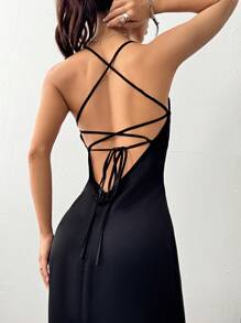 SHEIN Unity Abito casual lungo senza maniche e con spalline incrociate sulla schiena, di colore tinta unita, da donna - nero - Visualizzare 6