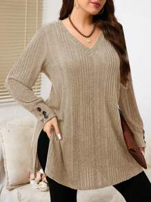 EMERY ROSE Maglietta casual a maniche lunghe con scollo a V in tinta unita e costine, taglia curvy per donna