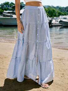 SHEIN VCAY Holiday Woven Striped High Waist Flare Skirt For Women