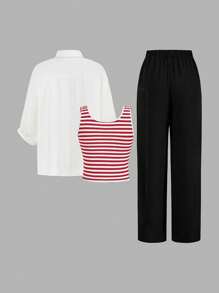 SHEIN LUNE Bộ 3 món thu đông 2024 gồm áo vest sọc, quần và áo khoác, trang phục sân bay - Đỏ và trắng - Xem 2