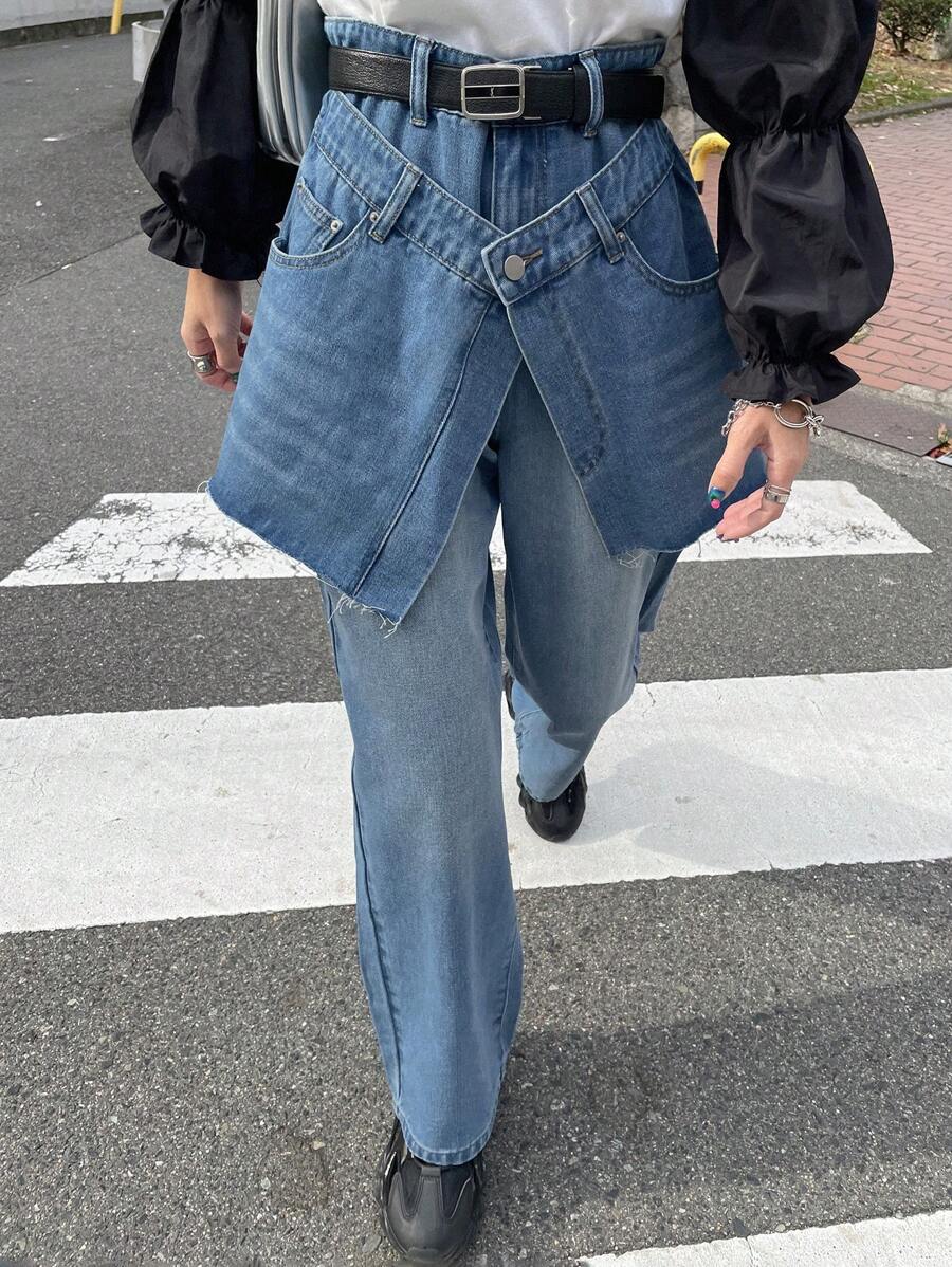 FRIFUL 女式直筒破洞牛仔裤，流苏下摆，春季 - 中等水洗藍 - 查看 1