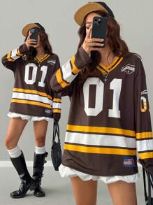 Coolane 女士秋冬休闲运动装数字图案大码长袖平纹 T 恤 - 彩色 - 查看 1