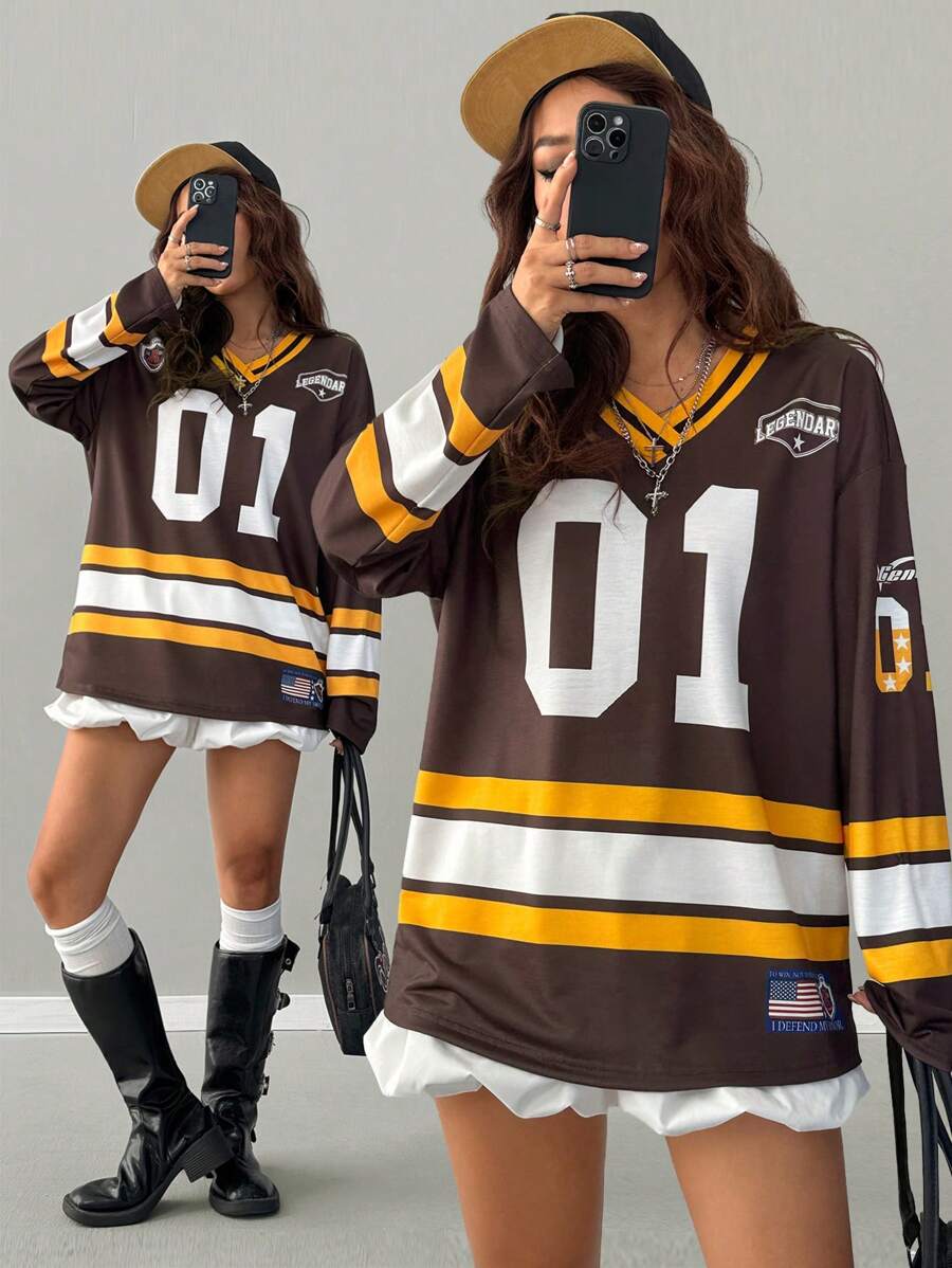 Coolane 女士秋冬休闲运动装数字图案大码长袖平纹 T 恤 - 彩色 - 查看 1