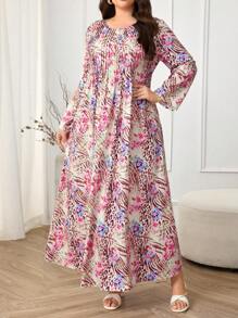 Al Najma Plus Size Leopard & Floral Print Dress - Multicolor - View 5