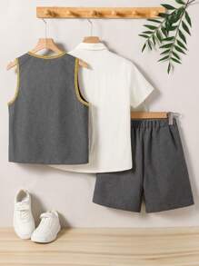 Vacaura 3 Stücke/Set Jungen Lässiger Outfit mit Blumenverzierung, bestehend aus weißem Hemd und Shorts, geeignet für formelle Anlässe, Schule, Outdoor - Verschiedenfarbig - Übersicht 4