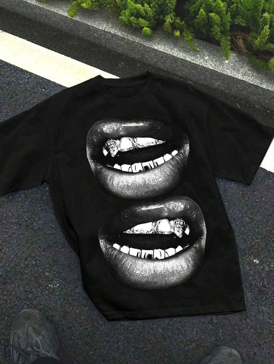 SHEIN 青少年女孩夏季休闲图案短袖 T 恤 - 黑色 - 查看 1