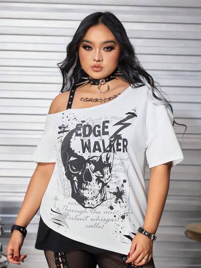 Grunge Punk Plus Size Punk Skeleton Slogan Print Ripped Design Loose T-Shirt For Summer