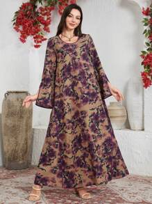 Al Najma 亚麻印花条纹喇叭下摆阿拉伯连衣裙，阿拉伯连衣裙，端庄 - 彩色 - 查看 7