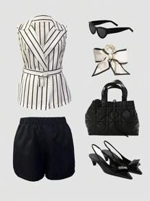 SHEIN Clasi 女士条纹无袖上衣和及膝裙套装 - 黑與白 - 查看 6