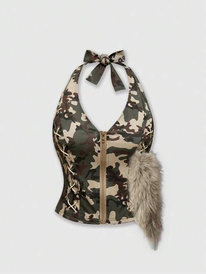 Grunge Punk Camiseta de tirantes finos y espalda descubierta con diseño de correa de camuflaje estilo Gyaru de Shibuya, sin accesorios de piel