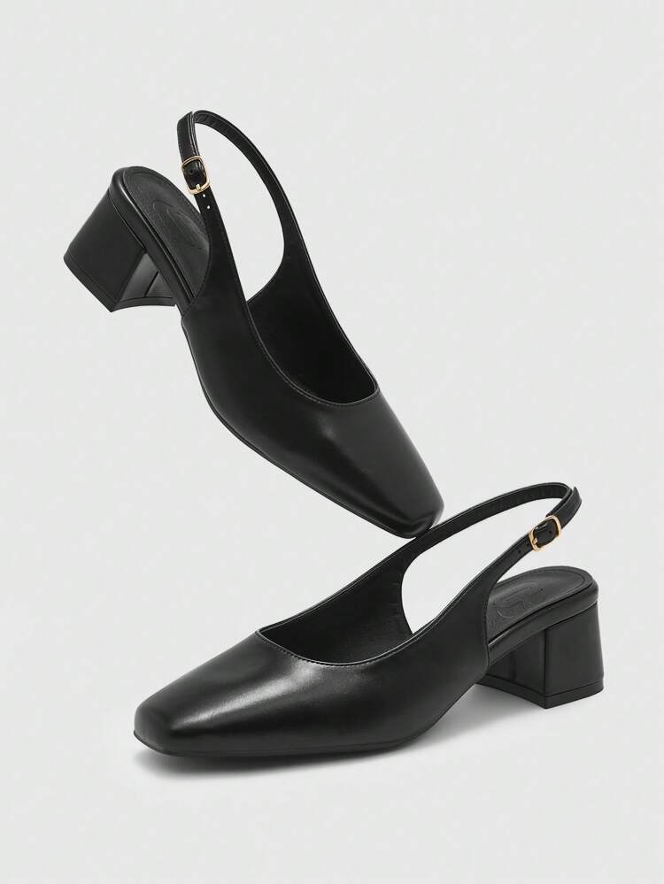 CUCCOO BIZCHIC Women Classic Black PU Leather Backstrap Low Heel Pumps, Suitable For Commuting, Dates, Parties, Holidays Spring Shoes Spring Break Easter For Christmas Spring Shoes