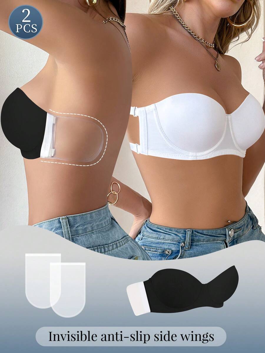 2 件装 女士婚礼露背低胸文胸，无钢圈聚拢文胸，无肩带粘合文胸，黑白 - 黑與白 - 查看 1