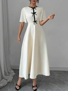 Rafferiza Vestido sólido para mujer con bloqueo de color, decoración de lazo, cuello redondo, cintura ceñida y manga corta. Vestido largo para primavera/otoño