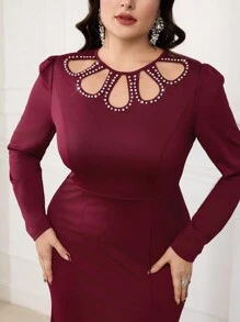 Modelyn Plus Size Elegant Solid Color Hollow Out Rhinestone Decor Fishtail Dress - Burgundy - View 1