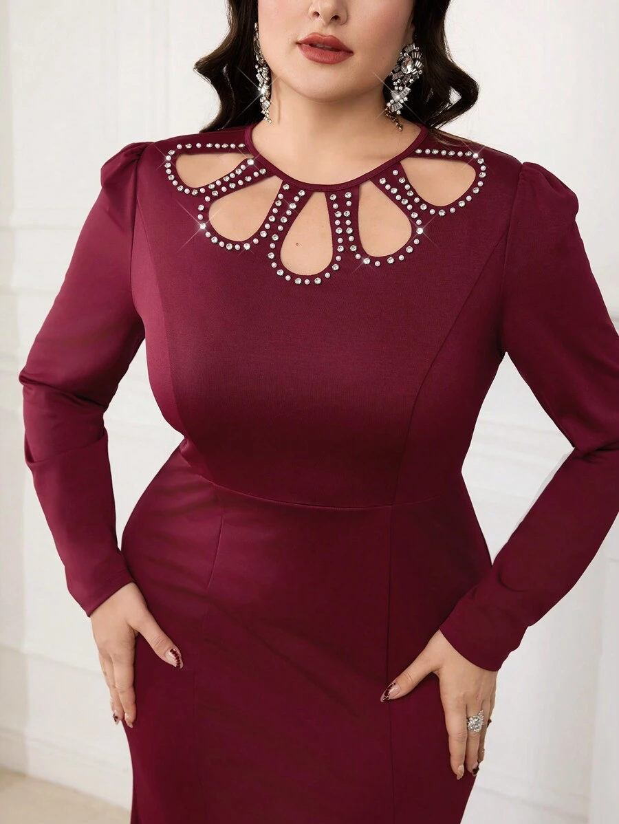 Modelyn Plus Size Elegant Solid Color Hollow Out Rhinestone Decor Fishtail Dress - Burgundy - View 1