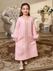 SHEIN Young Girl Loose Puff Sleeve Furry V-Neck Splicing Dress