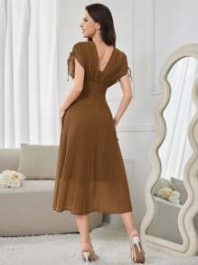 Modelyn Women's Brown Textured Midi Dress: Elegant Cocktail Or Party Dress With Pearl Beading,Summer Dresses For Women