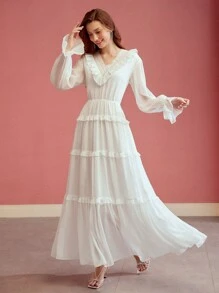 MOTF PREMIUM GATHERED CONTRAST LACE FLOWY DRESS,SPRING/SUMMER - White - View 4