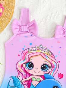 Young Girls One-Pieces SwimsuitCute Purple Blue Gradient Cartoon Mermaid Digital Print Sleeveless Briefs Swimsuit With Bow Perfect For Summer Trip To The Beach & Pool - Multicolor - View 5