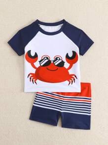 2pcs Young Boy Color Block Round Neck Short Sleeve Simple Swimwear Top And Bottom Set - Multicolor - View 5