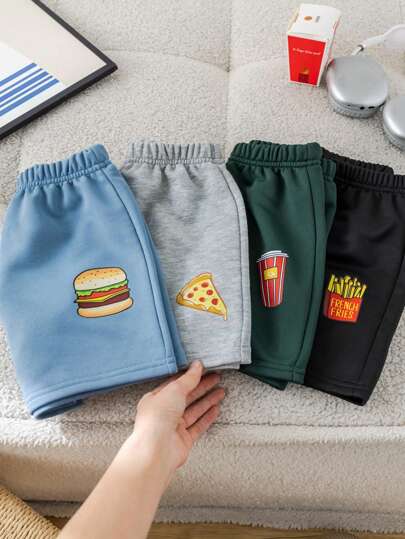 SHEIN 4pcs/Set Young Boy Young Boy & Girls Colorful Food Graphic Elastic Waist Loose Shorts, Casual All-Match Versatile For Home, Outdoor, School, Spring/Summer, Korean Style