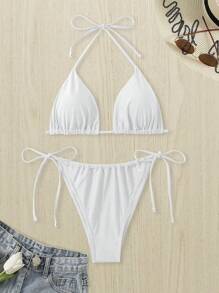 SHEIN Swim Curve 夏季 2 件套大码女式白色系带性感吊带短款上衣和下装休闲泳装套装 - 白色 - 查看 1