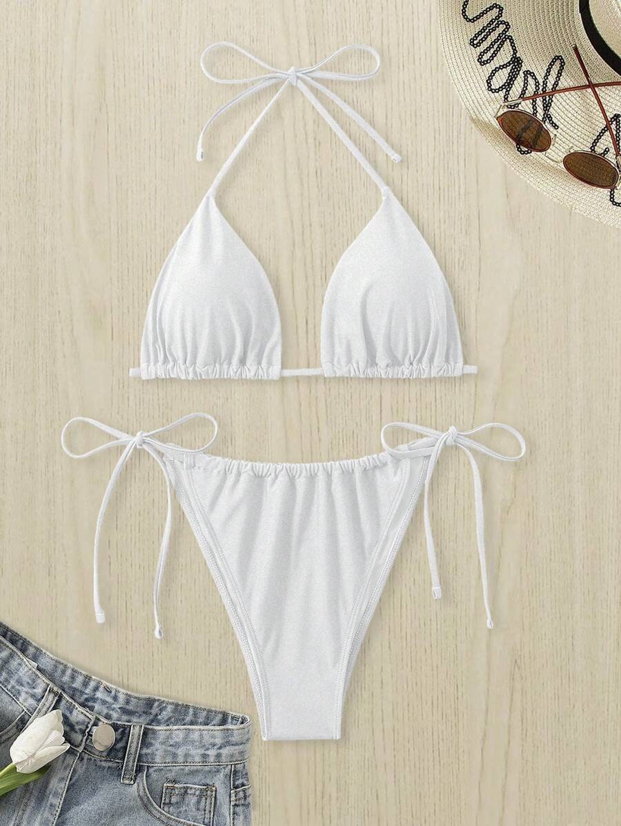 SHEIN Swim Curve 夏季 2 件套大码女式白色系带性感吊带短款上衣和下装休闲泳装套装 - 白色 - 查看 1