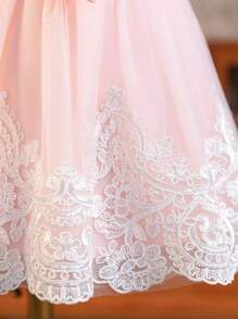 Glamorique Kids 女婴缎面网眼刺绣荷叶边粉色连衣裙、派对礼服和新年礼服、婴儿洗礼长袍，带蝴蝶结 - 彩色 - 查看 7