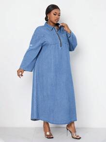 SHEIN Lady Plus Size Denim Dress Long Sleeve Loose Midi Dress Blue Long Dress Fairy Core Dress Fall Women Skirts Western Women Dresses Witch Dress Long Dress With Sleeves Light Blue Skirt Blue Homecoming Dress Long Fall Dress Robe - Medium Wash - View 5