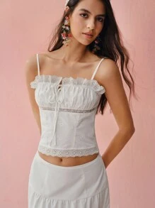 Enchnt 女士纯色刺绣系带吊带背心 - 白色 - 查看 1