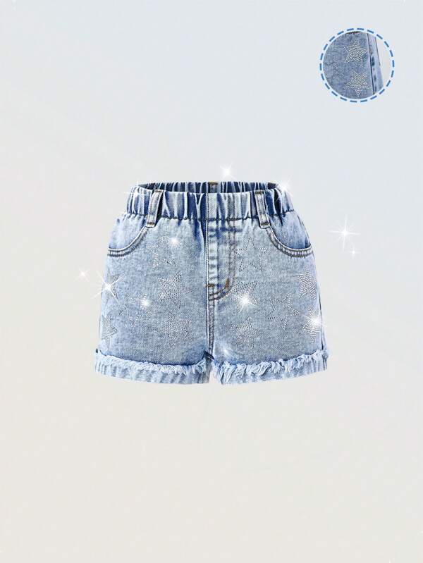 Denimly Young Girls Casual Light Wash Urban Stylish Sparkling Rhinestone Decorative Denim Shorts With Elastic Waistband And Frayed Hem