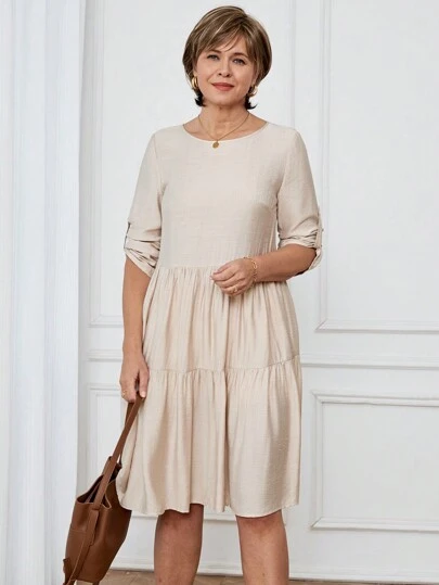 SHEIN LUNE Women's Solid Color Crew Neck Long Sleeve Button Up Casual Dress Summer Outfits For Women