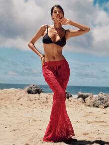 Opulessa Casual Solid Color Knit Lace Fit & Flare Skirt - Red - View 5