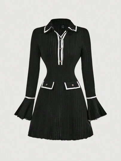 SHEIN MOD Black Blouse Collar Bell Sleeve Dress For Women,Thanksgiving Women Outfit,Christmas Dress,Elegant Women Dresses,Vintage,Holiday,New Year Eve Dress