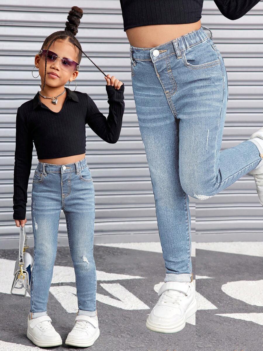 SHEIN SLAYR KIDS Young Girls' Vintage Blue Ripped Jeans, Cool Thanksgiving, Fall And Winter - Medium Wash - View 1