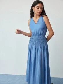 MOTF STUDIO 褶饰腰部无袖连衣裙 - 藍色 - 查看 5