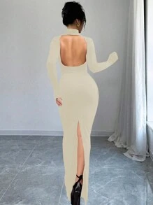 INAWLY 女士纯色后背镂空开衩下摆紧身连衣裙 - 藏蓝色 - 查看 2
