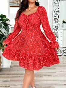 Franclia Plus Size Sweetheart Collar Ruffle Hem Long Sleeve Simple Short Dress,Valentine
