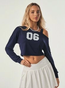 Hanevo 女士海军蓝不对称领字母06图案休闲卫衣运动服日常穿着套头衫秋季卫衣