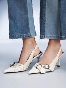 CUCCOO GRLICON Ivory High Heel Shoes Women Stilettos Pointed Toe Slip-On Pumps Metallic Single Ankle Strap Closed Toe Shoes Spring Shoes Spring Break Easter Prom Heels - White - View 1