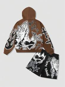 ROMWE MEN Street Life Ensemble de Sweat-shirt-shirts imprimé de portrait de bande dessinée amusante pour hommes, streetwear - Tabac - Voir 2