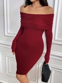 Chiquease Valentine's Day Off The Shoulder Elegant Knit Sweater Dress For Women Fall Cloth For Women - Red - View 3