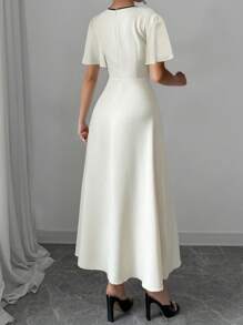 Rafferiza Vestido sólido para mujer con bloqueo de color, decoración de lazo, cuello redondo, cintura ceñida y manga corta. Vestido largo para primavera/otoño