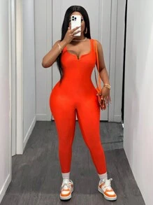 Slaydiva Women Casual Basic Sports Sleeveless Vest & Zip Front Collar Sleeveless Skin-Tight Jumpsuit - FF